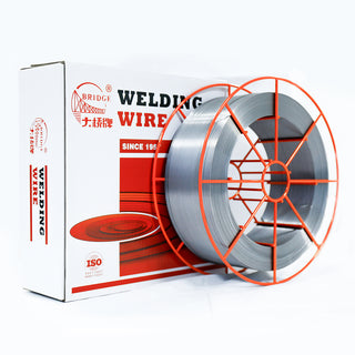 Non-copper coated ER70S-6 welding wire spool with orange metal frame and Bridge Brand branded packaging box